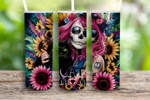 Badass Skeleton Cat Mom Tumbler Wrap PNG